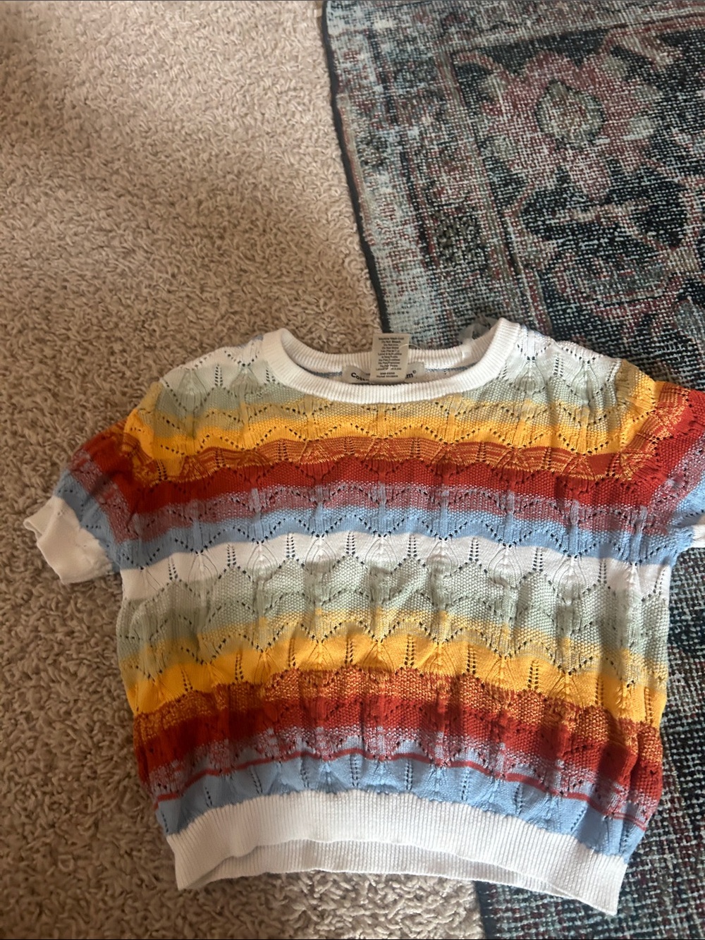 Zara Multicolor Striped Short-Sleeve Knit Top - White, Yellow, Red, Blue, Green